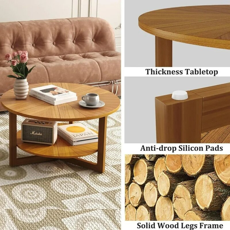 Круглый деревянный журнальный столик, журнальный столик из натурального дерева, Круглый круглый журнальный столик из массива дерева для гостиной