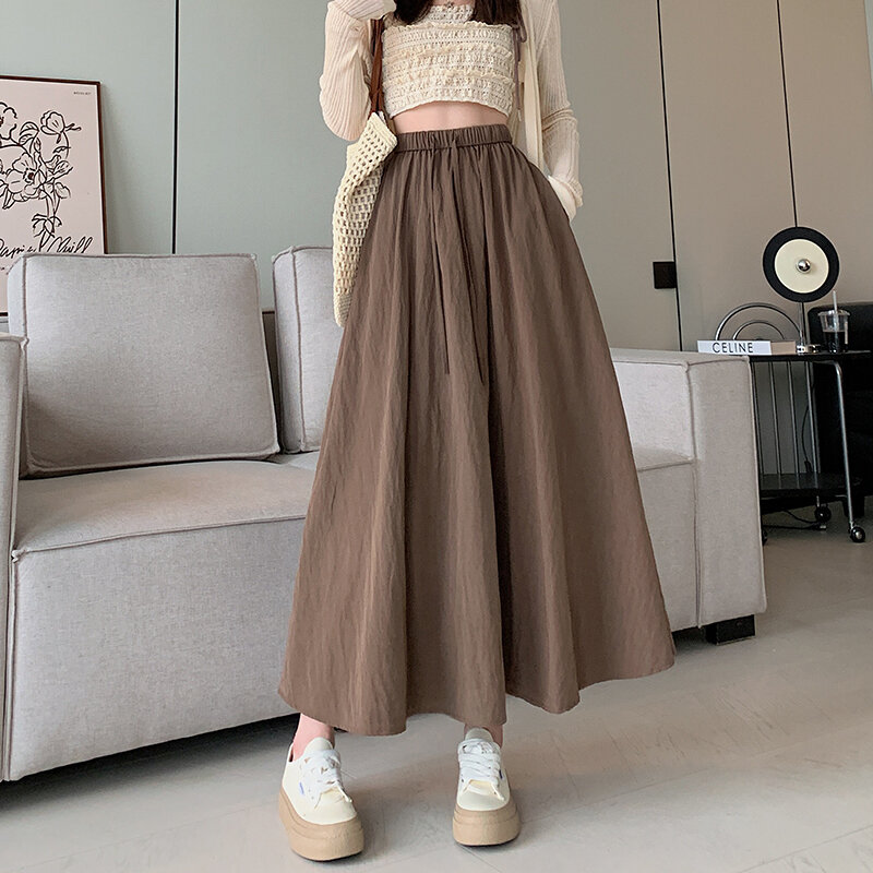 Real Photos Midi Long Skirt Women 2024 Summer Fashion Folds Solid A Line High Elastic Waist Mid-length Skirt With Pockets