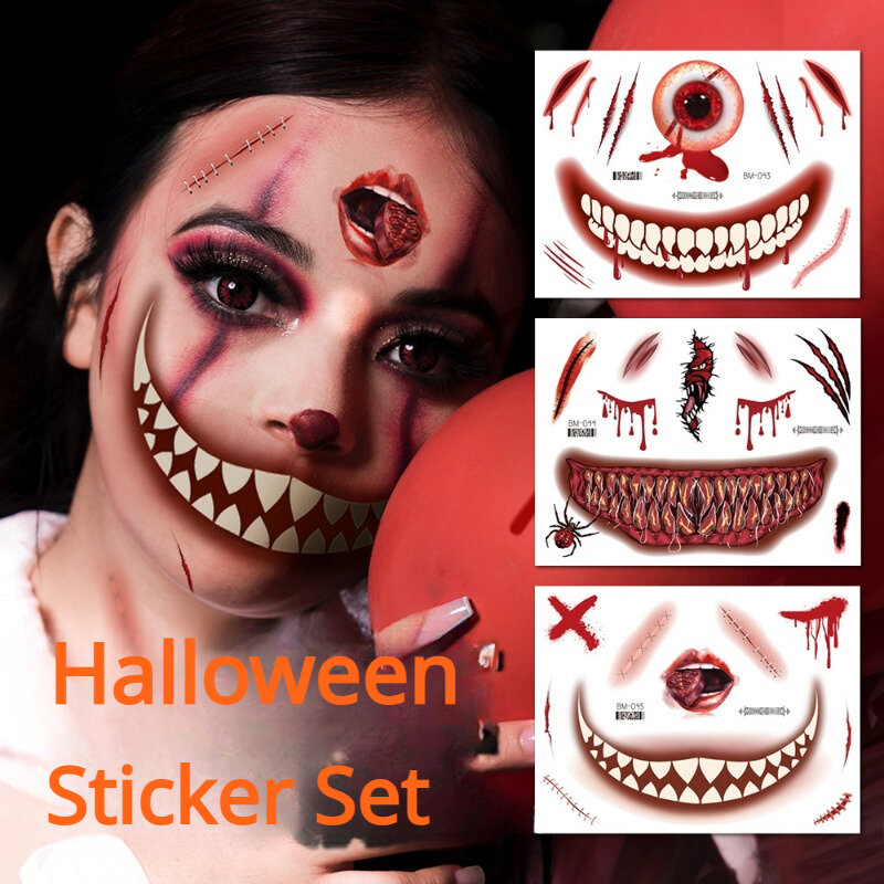 Stiker wajah mulut besar horor Halloween 18 gaya stiker tato tahan air pesta rias seram lucu Aksesori Cosplay