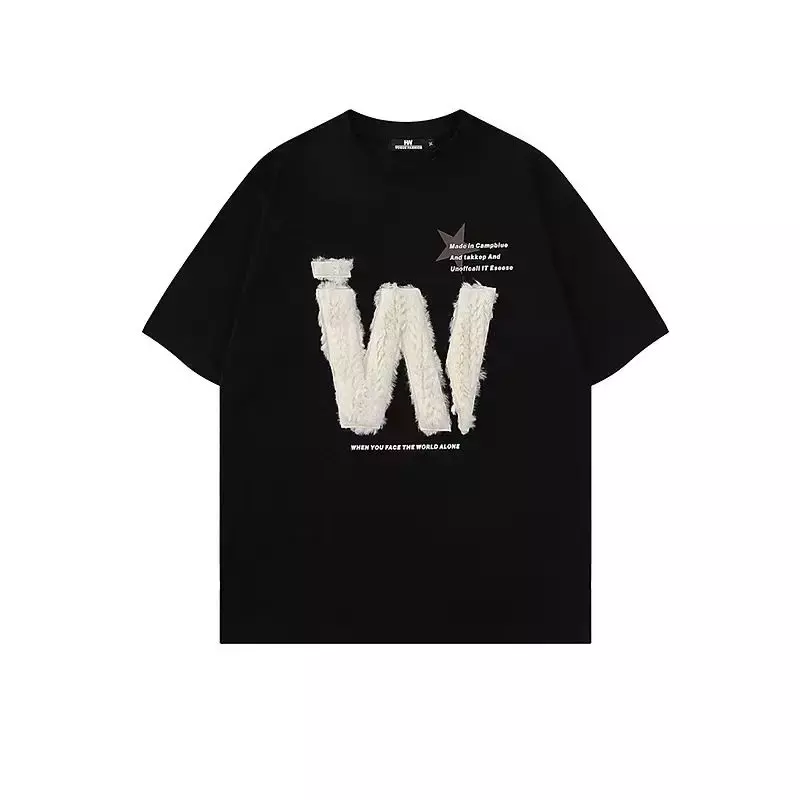 Camiseta bordada con letras de flocado americano para mujer, Camiseta de felpa simple y versátil, top vintage gótico y2k para parejas