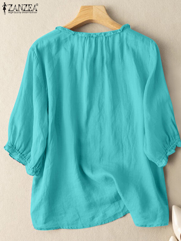 ZANZEA Summer Women Casual Bohemian Beach Holiday Blusas Work Shirt 3/4 Sleeve Floral Printed Blouse Vintage Ruffles Tops Tunic