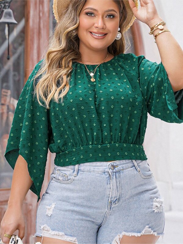 Plus Size Lente Zomer Pullover Tops Vrouwen Polka Dot Borduurwerk Mode Geplooide Dames Cropped Blouses Losse Casual Vrouw Tops