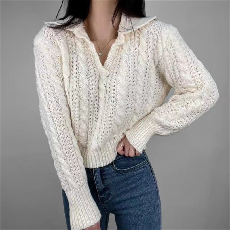 Kobiety słodkie swetry swetry nowa wiosenna odzież wierzchnia skręcone długie rękawy moda z dzianiny w stylu Casual luźny sweter Hollow krótkie bluzki P111