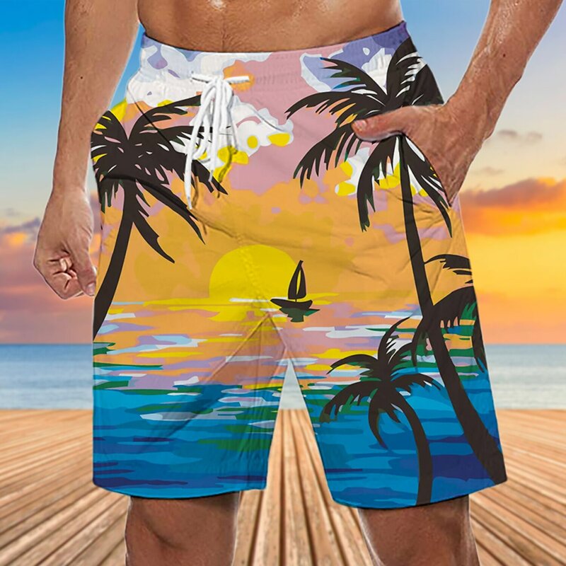 Pantalones cortos de baño de secado rápido para hombre, bañador Hawaiano de árbol de coco, traje de baño de playa impermeable, moda de verano