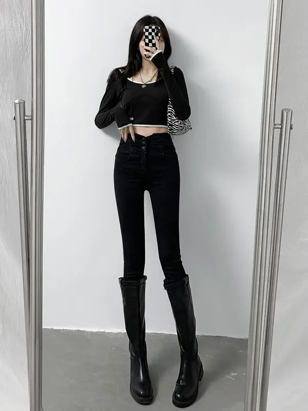 Женские джинсы, новинка 2023, осенняя мода, джинсы с завышенной талией, женские облегающие узкие брюки-карандаш, уличная одежда