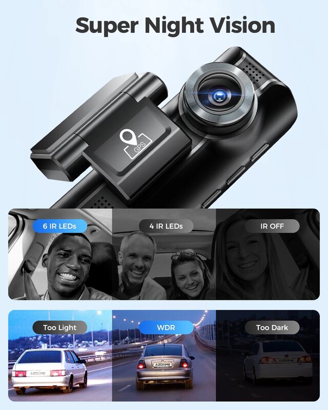 AZDOME-Cámara de salpicadero DVR M550 para coche, 3 cámaras 4K + 1080, cámara trasera 1080, GPS integrado frontal, WiFi, 3,18 pulgadas, Control por aplicación de visión nocturna IR