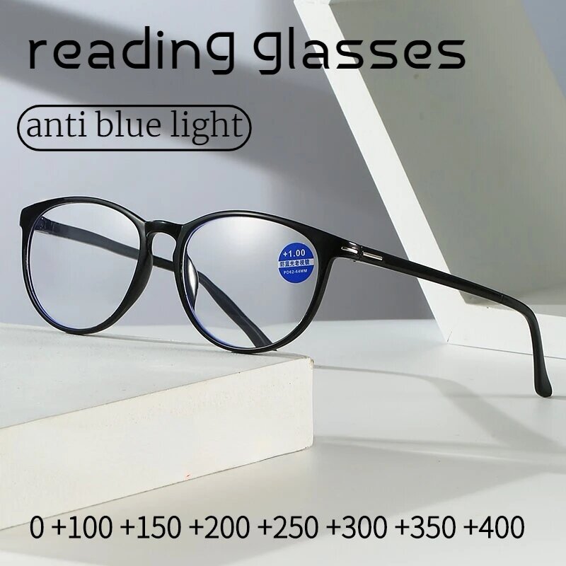 Gafas de lectura Vintage para hombre y mujer, lentes de presbicia con marco completo redondo, antiluz azul, + 1,0 + 1,5 + 2,0 + 2,5 + 4,0