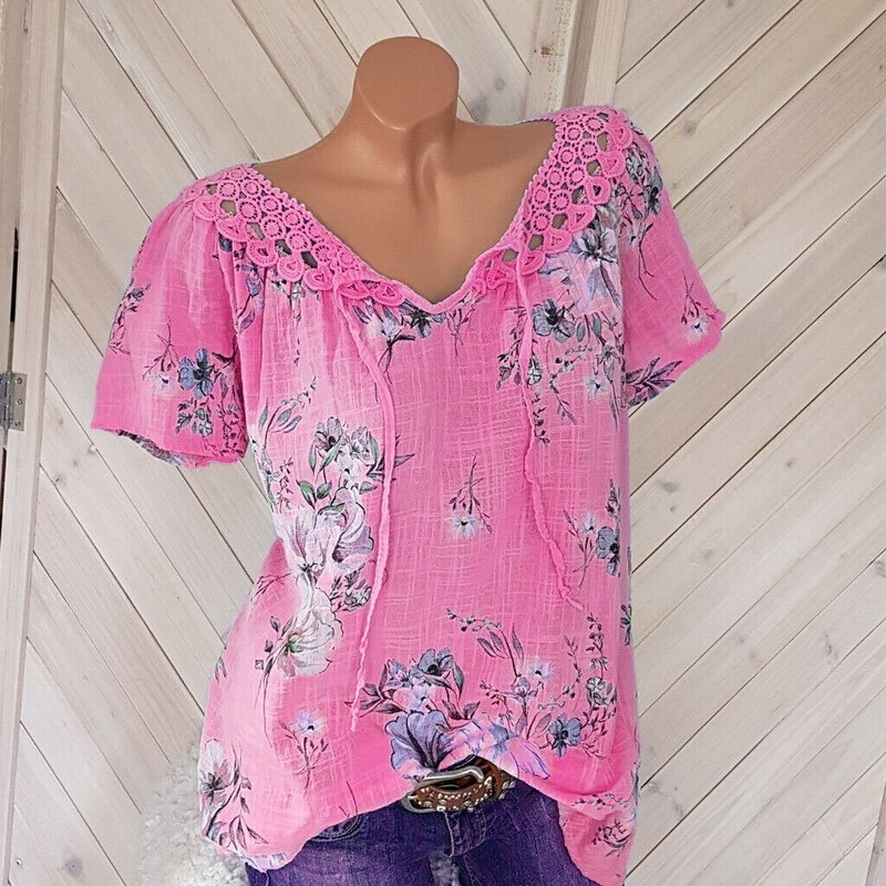 Blusa con estampado Floral para mujer, camisa de manga corta con cordones, informal, Verano