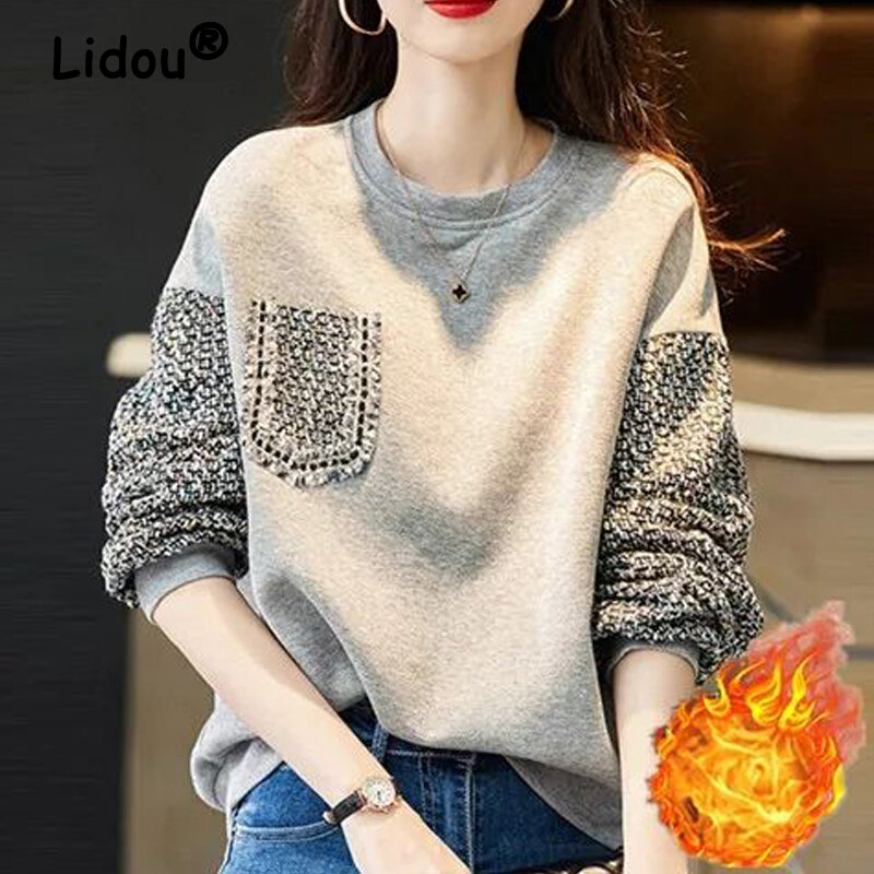 Korean Fashion Plaid Patchwork Fleece Thicken Cotton Streetwear Female Sweatshirt Autumn Winter Casual Loose Pullovers Top Women