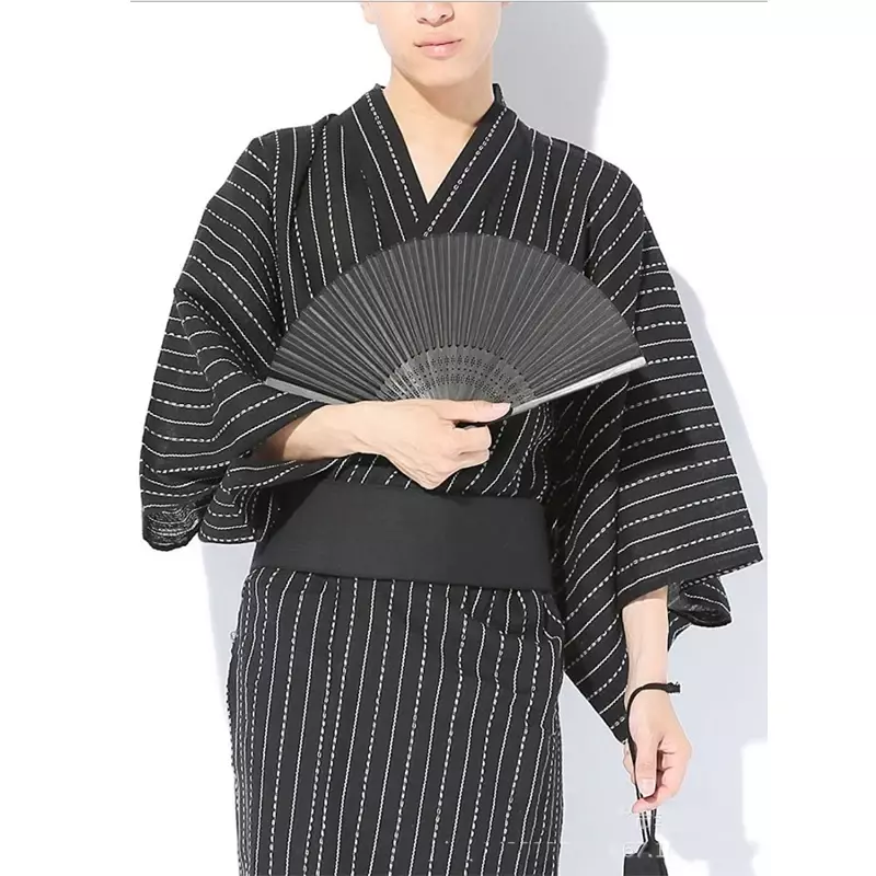 Kimono Samurai Tradisional Jepang untuk Pria Jubah Mandi Yukata Heyobi Pakaian Sauna Gaya Longgar Sabuk Pakaian Rumah Gaun Panjang Katun