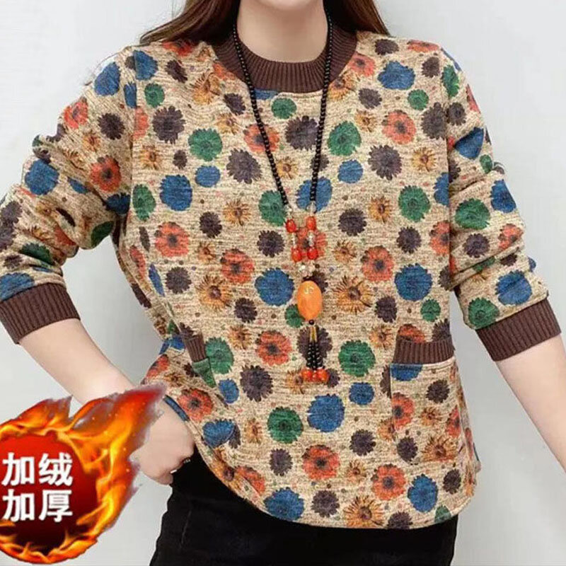 Atasan Leher Bulat Cetak Tebal Mode Antik T-shirt Pullover Saku Lengan Panjang Korea Wanita Pakaian Wanita Musim Gugur Musim Dingin