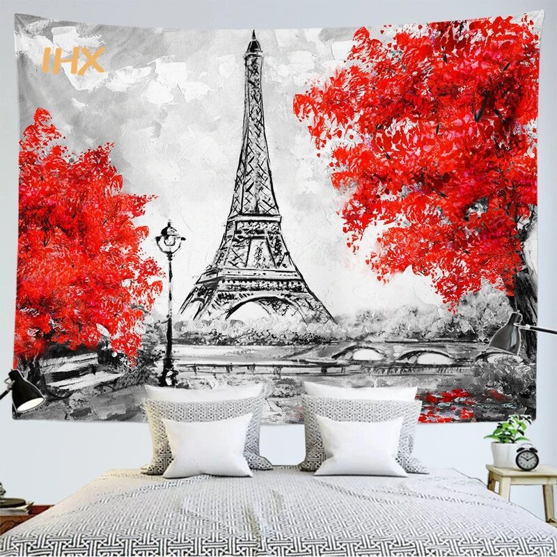 파리 에펠 탑 핑크 벽 태피스트리 방 장식, 유화 예술 소녀 태피스트리 벽걸이, 미적 침실 장식, 홈