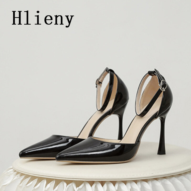 Модные свадебные женские туфли-лодочки Hlieny с острым носком в уличном стиле, привлекательные туфли-лодочки из лакированной кожи с ремешком и пряжкой на тонких высоких каблуках