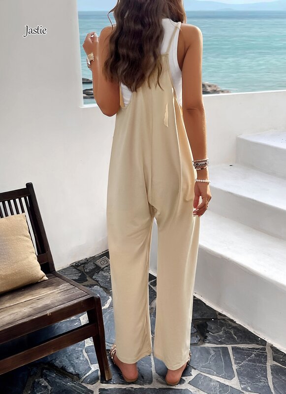 Jastie-Macacão feminino sem mangas, casual, praia, cor sólida, decoração de bolso, calça larga, macacão longo, verão, 2021
