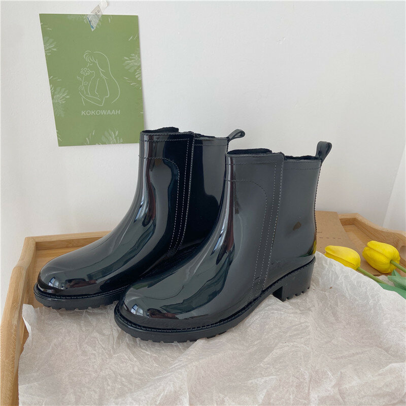 Women Rain Boots Waterproof Rubber Sole Low Heel Winter Shoe Female Middle Tube Fashion New Black Casual Brand Design Ankle Boot