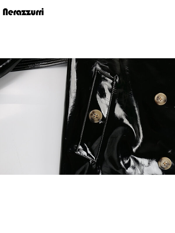 Nerazurri-المرأة طويلة لامعة براءات الاختراع بولي Leather الجلود خندق معطف مع حزام ، مزدوجة الصدر ، الفاخرة مصمم الملابس ، أسود ، أحمر ، الخريف ، 2023