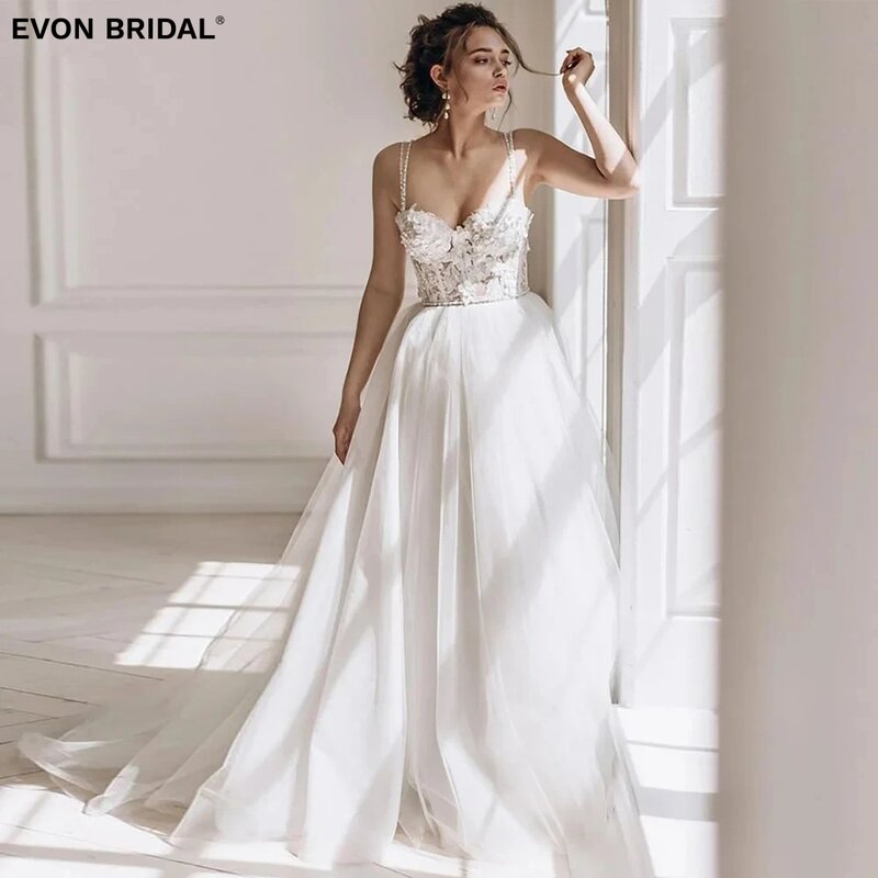 EVON BRIDAL Simple Spaghetti Strap Sweetheart Wedding Dresses for Women Floor Length Backless Appliques Lace A Line Prom Dresses