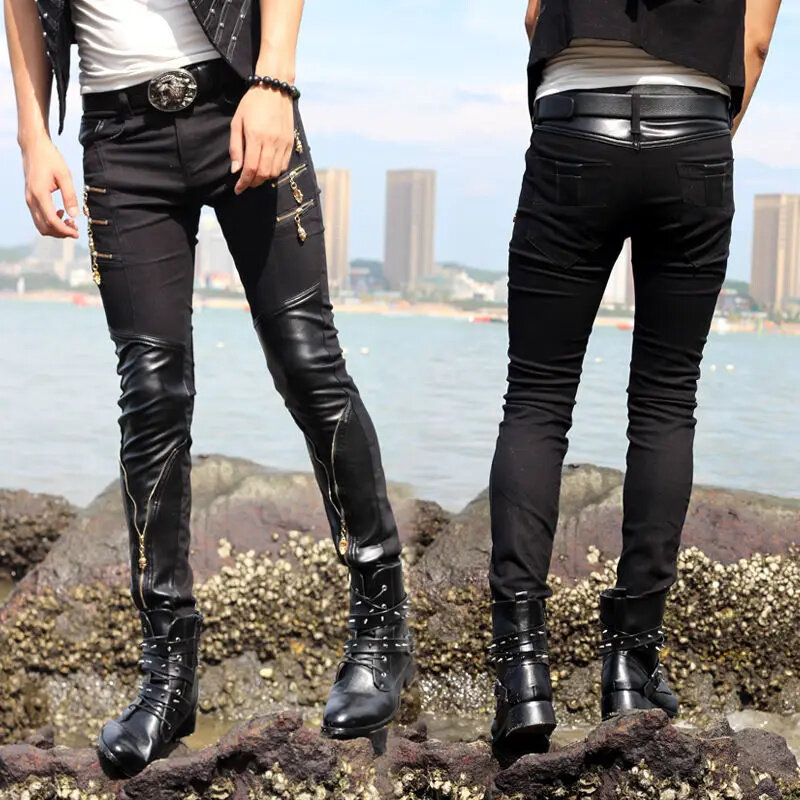 Men Korea Skinny Performance Gothic Jeans Pants Leather Patchwork Multi Zipper Pencil Black Color