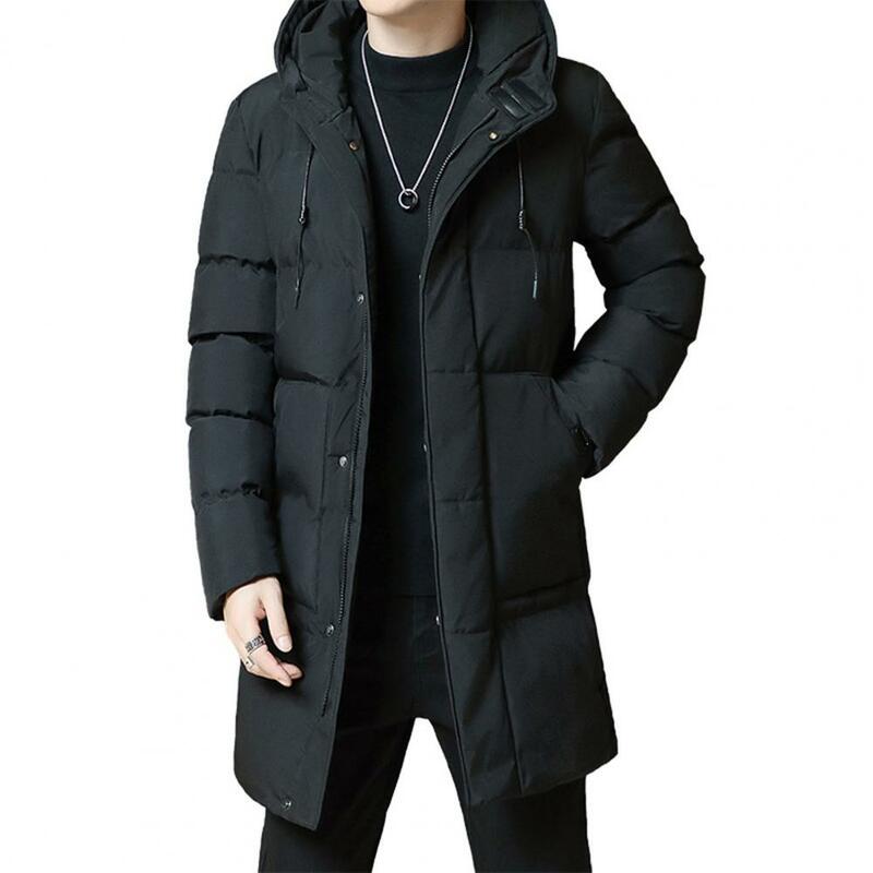 Manteau à capuche coupe-vent avec poches pour homme, coton, isolation rembourrée, manches longues, fermeture à glissière, ficelle de proximité, mi-long, hiver