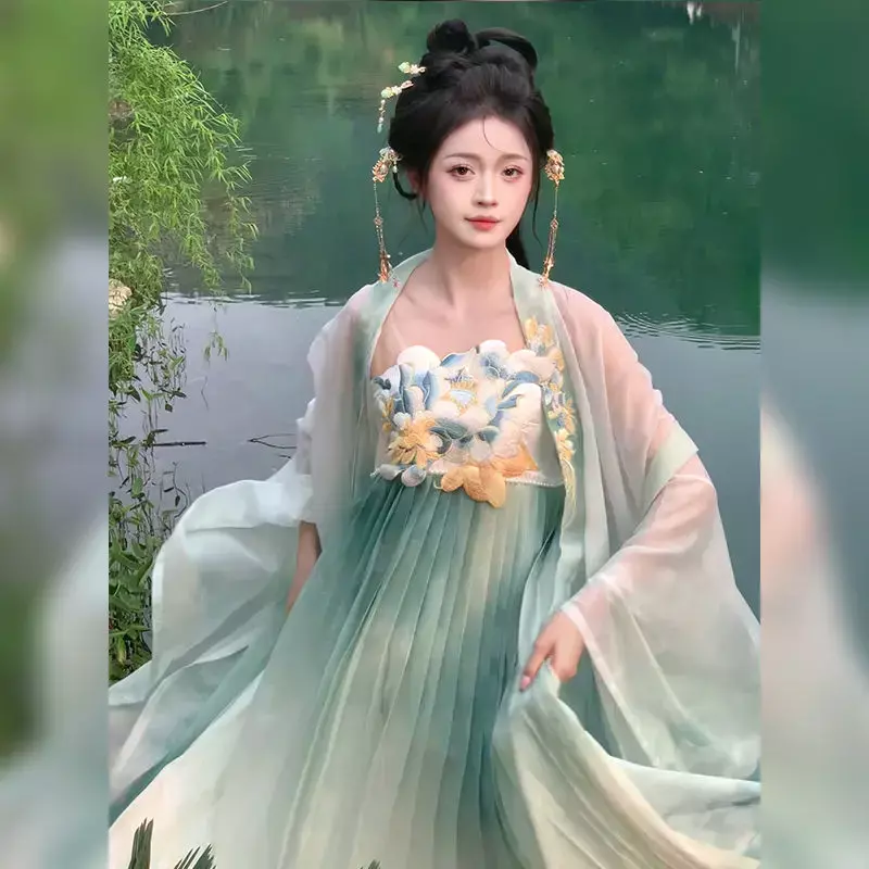 Tang-女性のためのピンクのチャイナアバヤスカート,大きな袖のシャツ,刺,,春と夏,han要素,全国風,緑