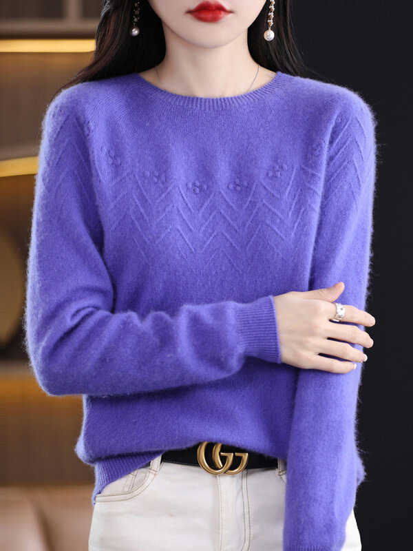 Pakaian rajut wanita lengan panjang, pakaian atasan sweter wol leher-o dasar modis 100%