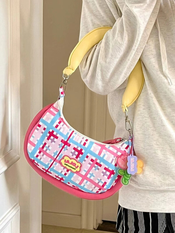 2024 Cute Fashion Shoulder Bag for Women Harajuku Style Letter Colorful Plaid Handbag Summer New Sweet Cool Casual Underarm Bag