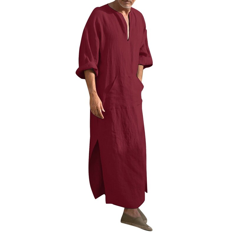 Islamska tradycyjna Jubba Thobe męska Abaya lniana szaty muzułmańskie dubajska arabska odzież kaftanowa Qamis Homme Arab Turk suknia hidżab sukienka
