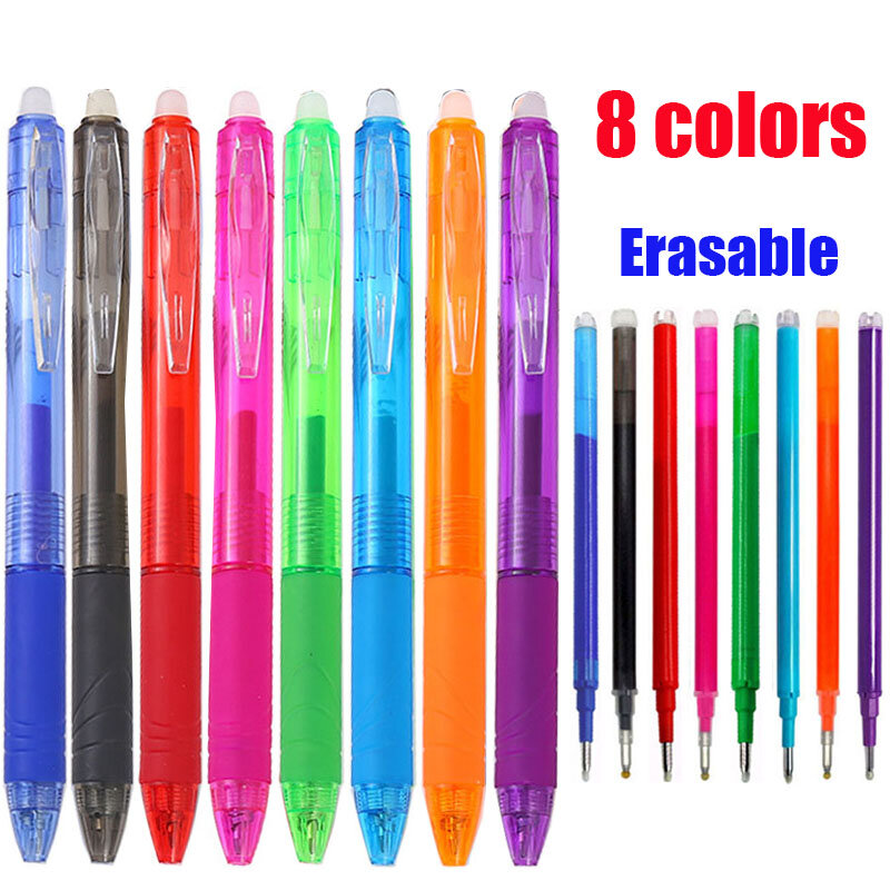 Apagável Pen Refill Set, Caneta Gel, Tinta Bullet Tip, Lavável Handle Rods, Escrita Papelaria, Escritório, Escola, 8 Cores, 0.7mm, 0.5mm, 8Pcs