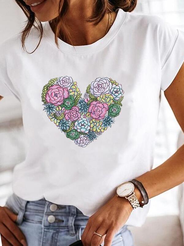 Kaus grafis wanita Fashion wanita kasual lengan pendek kaus pakaian T cetak manis cat air hati cinta wanita
