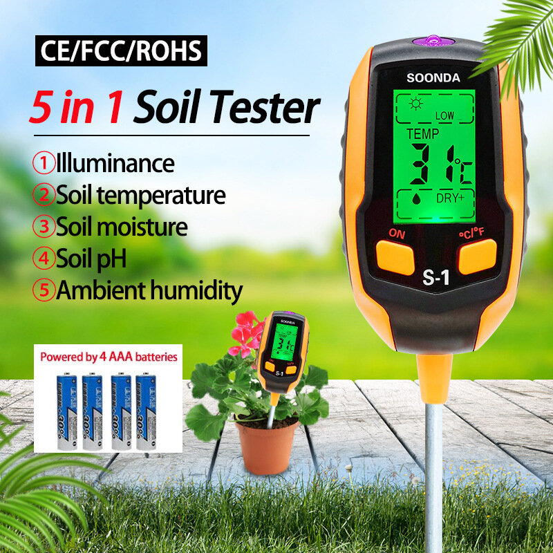 Анализатор почвы 5 в 1, измеритель PH, влажности и температуры почвы