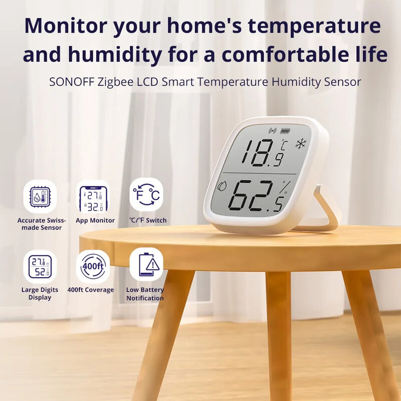SONOFF-Zigbee Sensor de Temperatura e Umidade Inteligente, Grande Controle Remoto LCD, Monitoramento em Tempo Real, APP Ewelink, Via Alexa, Google Home, SNZB-02D