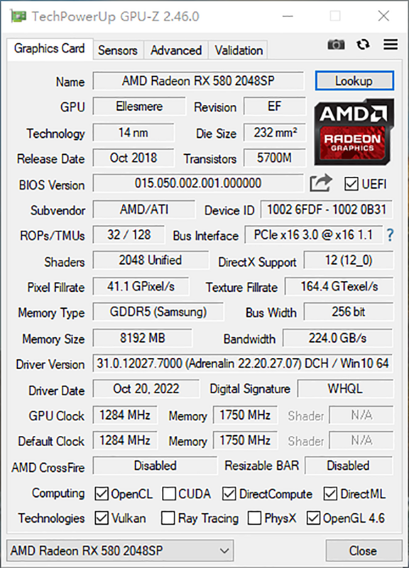 MLLSE-AMD RX 580 Gaming Placa gráfica, 8GB, 2048SP, GDDR5, 256Bit, PCI-E 3.0 × 16, GPU Radeon 8Pin