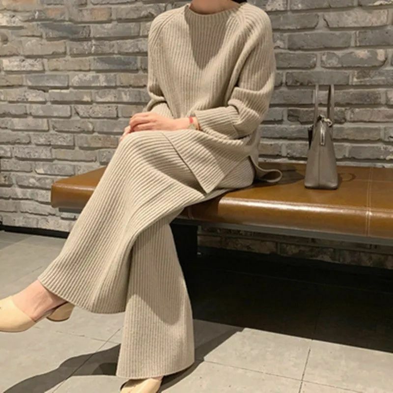 Winter Casual Thicken Knit Suits Women Fashion Warm Two Piece Sweater Wide Leg Pants Loose Elegant Elastic Waist Sweater Sets