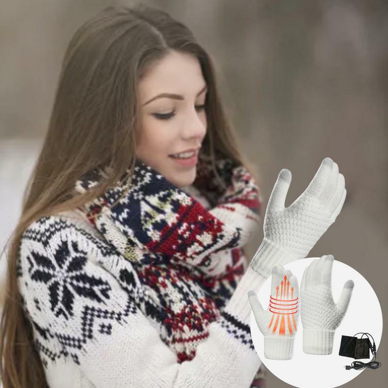 Luvas de veludo aquecidas para mulheres, luvas de aquecimento USB, tela sensível ao toque, jacquard tricotado ao ar livre, quente, inverno