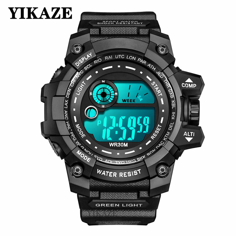 Yikaze นาฬิกาดิจิตอลผู้ชายจอแสดงผล LED นาฬิกาข้อมือโครโนกราฟเรืองแสงกันน้ำกลางแจ้งกีฬานาฬิกาทหารอิเล็กทรอนิกส์