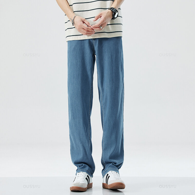 Новые летние тонкие мягкие мужские джинсы из лиоцелловой ткани, классические прямые джинсовые брюки, рабочие повседневные брюки с широкими штанинами для мужчин, большие размеры 40 42