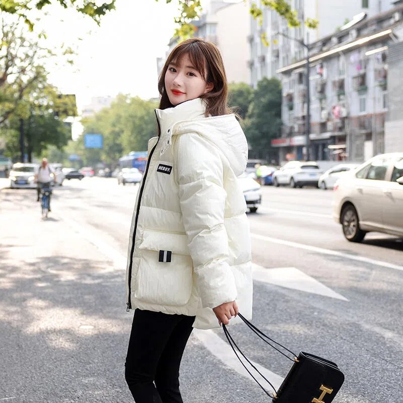 Down Cotton Jacket Women 2022 Winter New Korean Loose All-match Casual Padded Coat Famela Printing Hooded Thick Warm Parkas