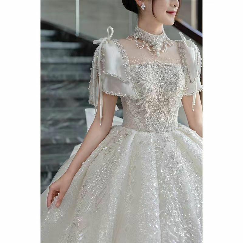 Женское бальное платье, свадебное платье, роскошное свадебное платье с кристаллами, блестками, жемчугом, высоким воротником и короткими рукавами, женское платье для церкви