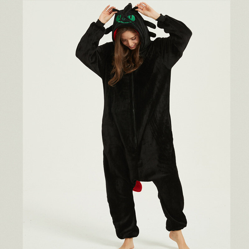 White / Black Dragon Onesie Jumpsuits Adult Unisex Flannel Pajama Cute Halloween Cosplay Costume One-piece Sleepwear Homewear
