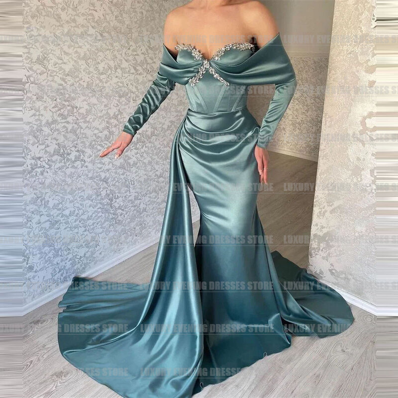 Luxury Mermaid Long Sleeve Evening Dresses For Woman Glisten Sexy Off Shoulder Satin Formal Sparkle Fashionable Party Prom Gowns