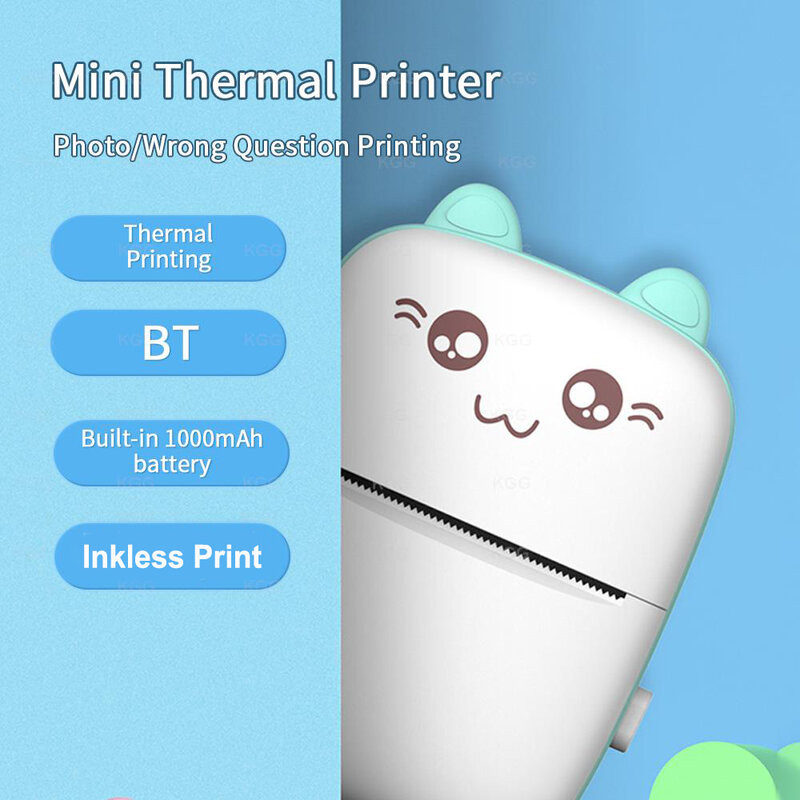 Mini impresora térmica portátil, inalámbrica, BT, 203dpi, Impresión de etiquetas fotográficas, notas, preguntas incorrectas, con Cable USB