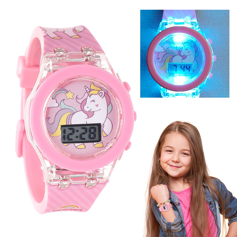 Luminous Children Watches for Girls Flash Glow Up Light Colourful Cartoon Unicorn Digital Electronic Clock Birthday Party Gifts