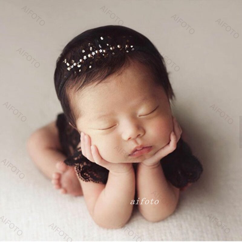Pasgeboren Fotografie Props Meisje Jurken Zwart Kant Hoofdband Set Outfits Bodysuits Romper Voor Baby Fotoshoot Studio Accessoires