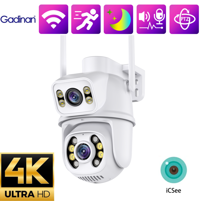 Gadinan 4K8MP Wifi IP Camera Outdoor Dual Screen Color Night Vision Security Protection CCTV Surveillance PTZ Human Detect iCSee