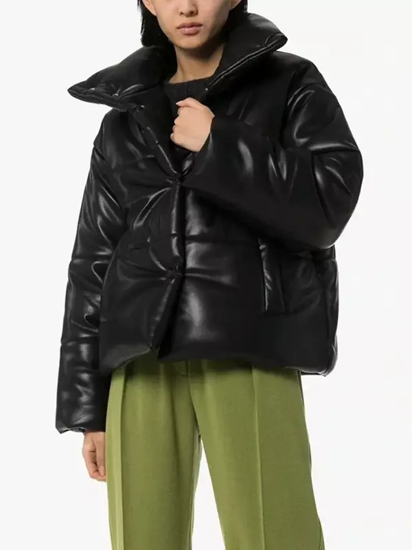 Women Jacket Faux Leather Turtleneck Single Breasted Thickening Winter Solid Color Fashion Warm Coat With Pockets