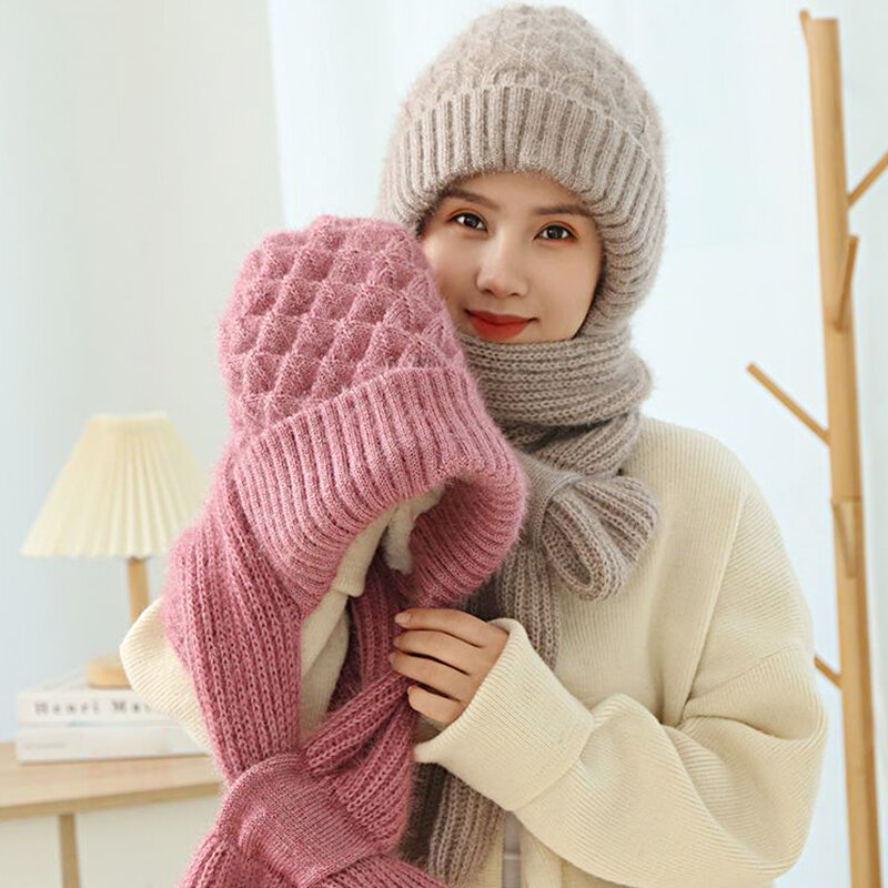 Chapéu e cachecol feminino de pelúcia, tudo em um, tricotado, quente, espessado, gorro para proteção de ouvido feminino, esqui ao ar livre, inverno