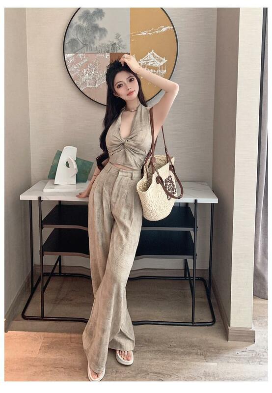 Sweet And Spicy V-Neck Vest Wide Leg Pants 2 Piece Sets Outfits Sexy Tanks Tops Tees Tracksuit New Korean A Full Set Of