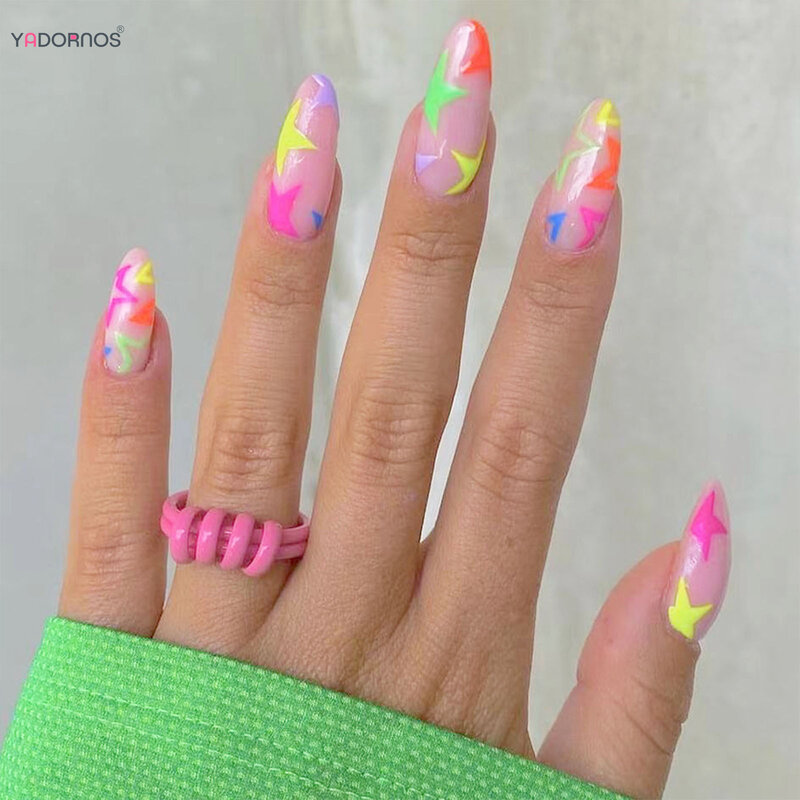 Almond Press on Nails Colorful Five-pointed Star Design Fake Nails Nude Color Wearable False Nails Tips for Y2K Girls Nail Art