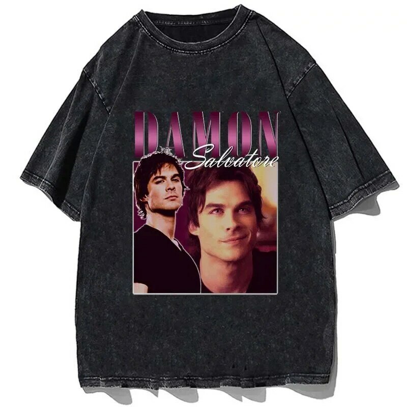 Damon Salvatore t-shirt Vintage dicuci Ian Somerhalder T Shirt Streetwear Manga lengan pendek kasual Harajuku atasan kaus pria