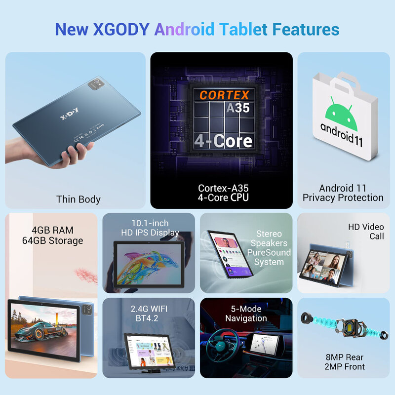 XGODY 10 Cal Tablet Android 11 tablety do nauki dla edukacji 4GB 64GB WiFi PC Bluetooth etui klawiatura dla dorosłych dzieci dzieci